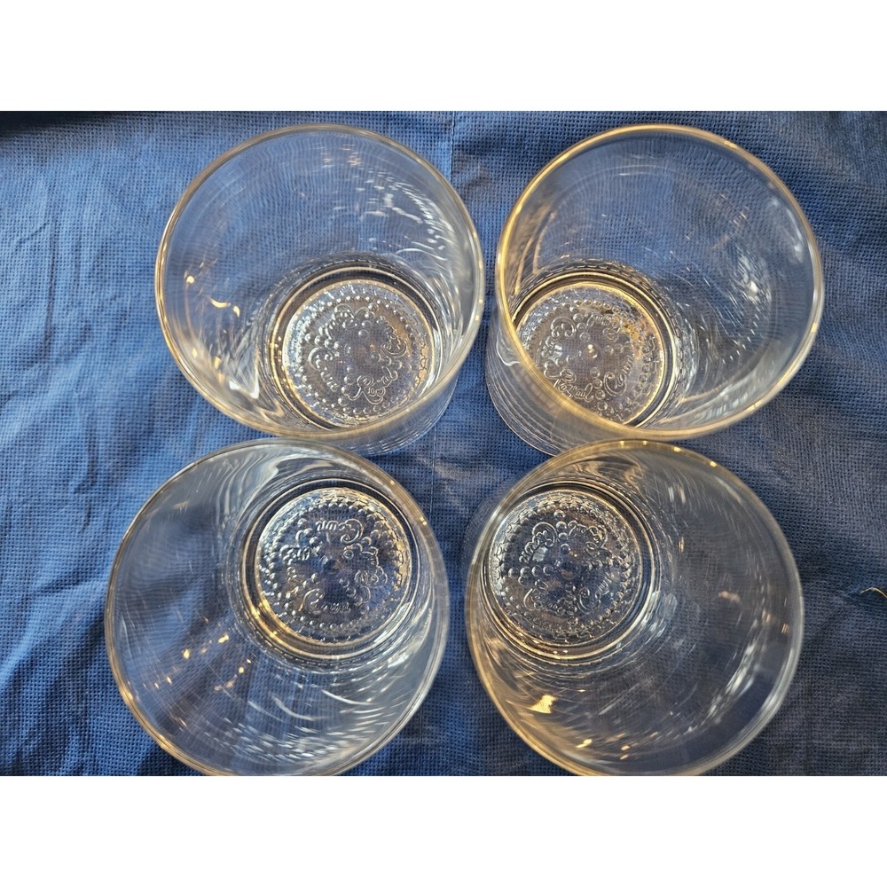 Crown Royal Whiskey Etched Heavy Textured Bottom Glasses Set of 4 Cursive Euc